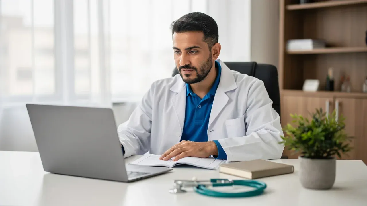 Médico em consultório durante uma teleconsulta por vídeo, com prontuário aberto ao lado