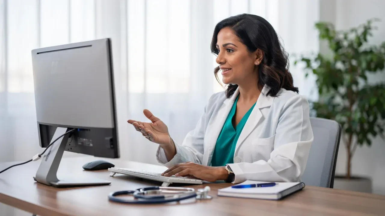 Médica em consultório claro durante uma teleconsulta por vídeo no computador